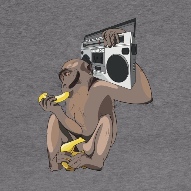 Funky monkey eating a banana listening to a boombox by Fruit Tee